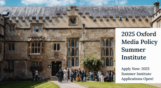 A group of people gathered in the historic courtyard of Jesus College, Oxford, under a clear blue sky. A banner announces the 2025 Oxford Media Policy Summer Institute.